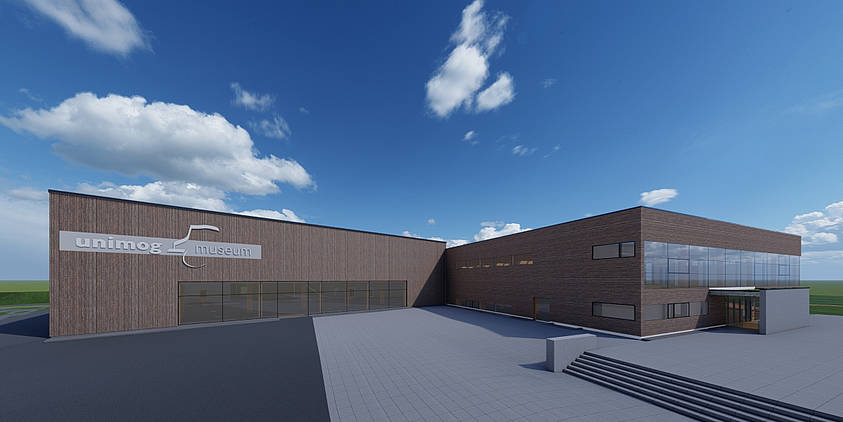 Ziel der aktuellen Baumaßnahmen am Unimog Museum ist die Erweiterung des Gebäudekomplexes. (Rendering: Kohlbecker Gesamtplan GmbH).